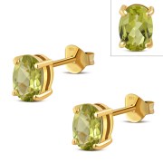 14k Gold Plated | 5x7mm Oval Prong-Set Peridot Stone Sterling Silver Stud Earrings - e446